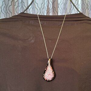 3D Pink Flower Dichroic Glass Pendant • Black & Gold • Sterling Italian Chain